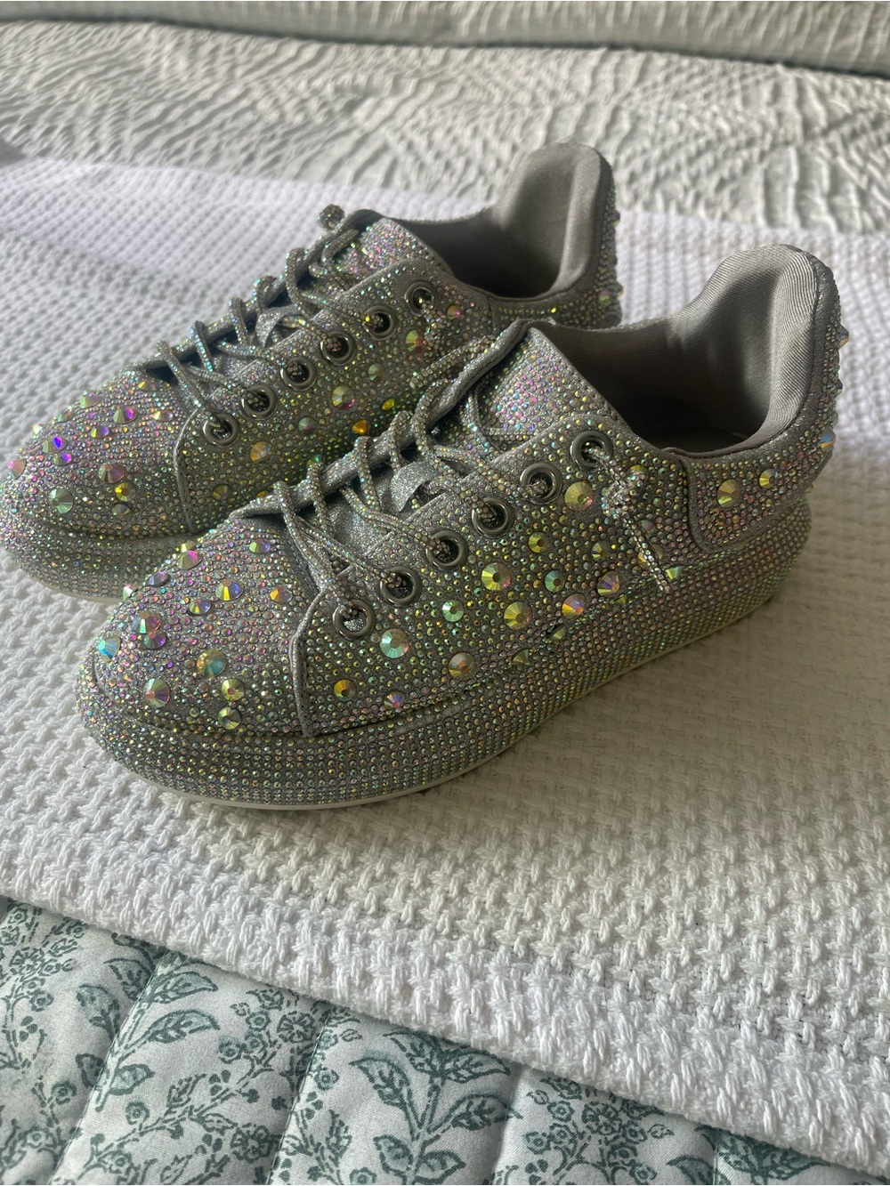 Crystal-Embellished Silver Platform Sneakers